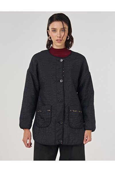 Kayra Patch Pocket Embossed Pattern Jacket Black