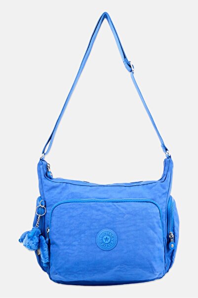 Kipling حقيبة كتف نسائية بشعار العلامة التجارية مع حلقة مفاتيح، باللون الأزرق