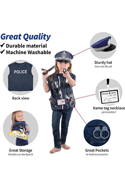 007 12-piece Kids Police Dress-Up Costume Set with Badge, Handcuffs, Flashlight (Multicolor)