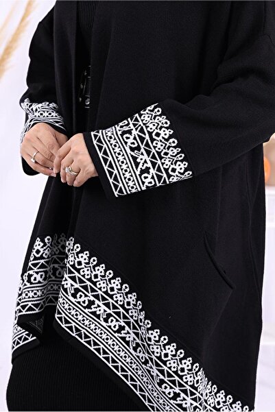 TRENDTESETTÜR Women's Black Patterned Knitwear Poncho t 71071