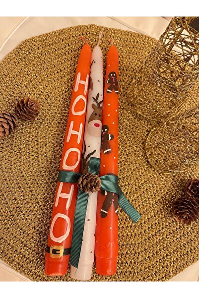 Glowandco Atelier El yapımı dekoratif 3'lü Şamdan Mum- Yılbaşı konseptli - El boyaması - Noel - Christmas - Yeni Yıl