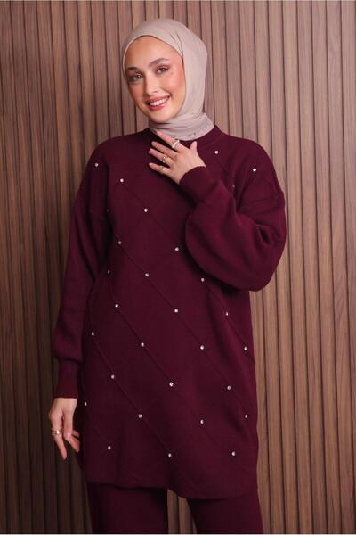 TRENDTESETTÜR Women's Burgundy Pants and Knitwear Set t 7607