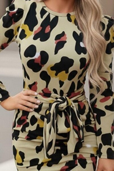 Mossta Round Neck Belted Knitted Crepe Dress - Leopard