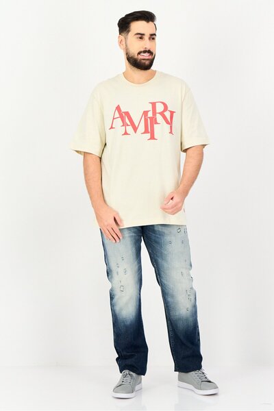 Amiri Men Crew Neck Short Sleeve Brand Logo T-Shirt, Beige