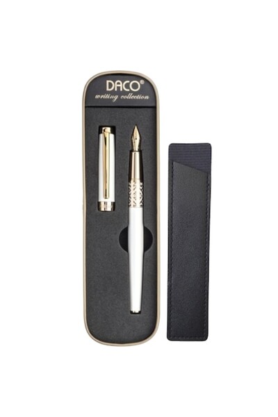 Daco White Fountain Pen, Daco, F-type nib + FLR leather case, metal body, gold accessories, Folklore model