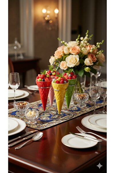 EW 4-piece colorful porcelain cups, hospitality and elegance set - conical design with metal display stand.