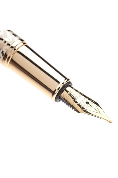 Daco White Fountain Pen, Daco, F-type nib + FLR leather case, metal body, gold accessories, Folklore model