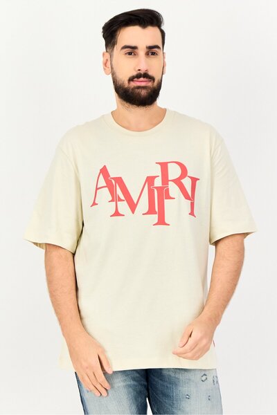 Amiri Men Crew Neck Short Sleeve Brand Logo T-Shirt, Beige