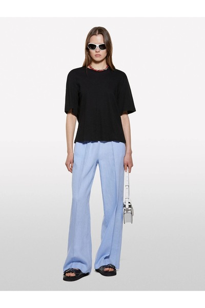 Sisley Linen Blend Crew Neck T-Shirt Women's Black T-Shirt - 325P3Utfl107C