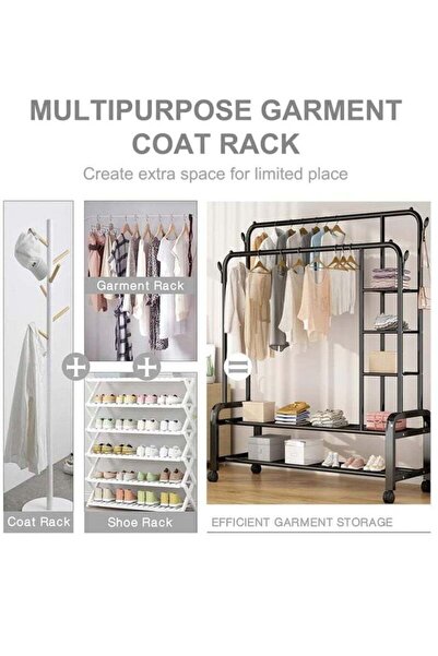 CamelMall منظم شماعات ملابس معدني، رف ملابس ورفوف جانبية، أسود مع عجلات