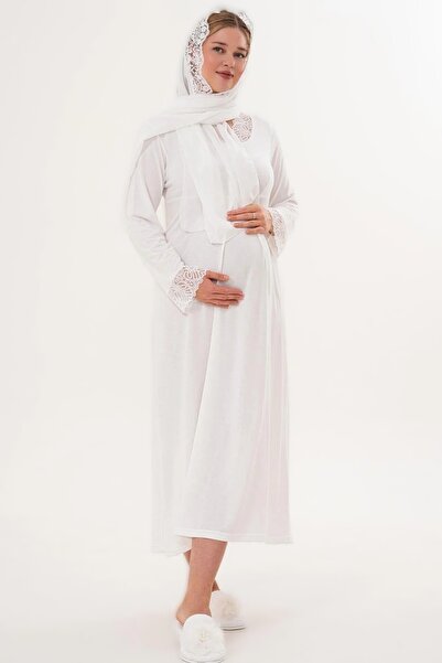 LOHOUSE Women's Shawl Collar Lace Long Sleeve Special Design Maternity Nightg...
