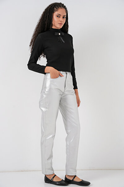 Bigdart Kadın Yüksek Bel Parlak Pantolon 6738 - Gümüş