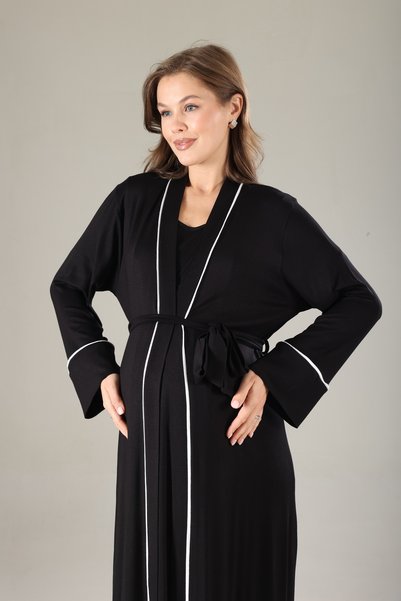 Lohusa Dünyasi Black Piped Special Design Summer Cotton Maternity Pajamas Nightgown Set
