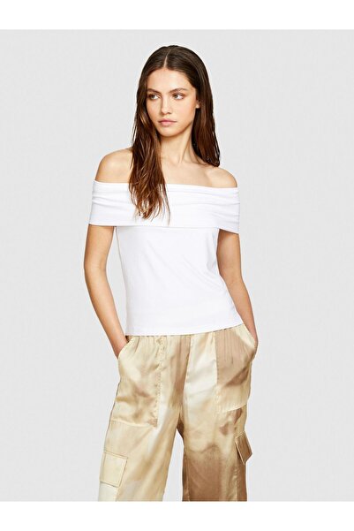 Sisley تي شيرت نسائي أبيض بقصة ضيقة مفتوحة الكتفين مع خليط لزج - 324P33CALH00P