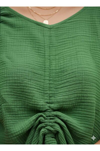 Punta Otantik Ay23766 Gathered Front Trousers with Slits Muslin Set Emerald