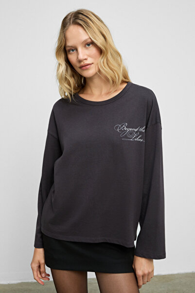 GRIMELANGE Dazulu Women's Soft Fabric Printed Long Sleeve Anthracite T-Shirt