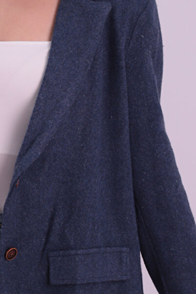 armonika Kadın Koyu Mavi Erkek Yaka Cep Kapaklı Vatkalı Oversize Kaşe Ceket ARM-26K001044