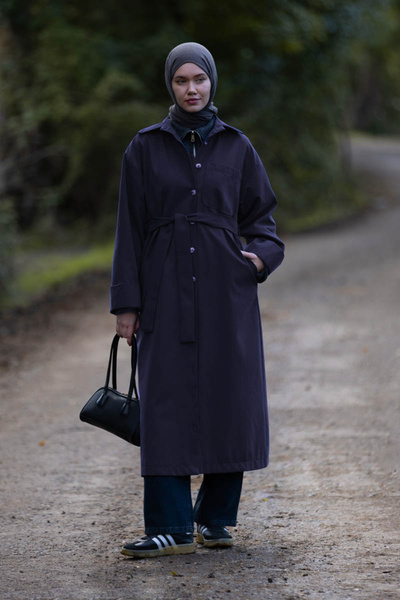 ZÜLAYS Düğmeli Uzun Trençkot Lacivert