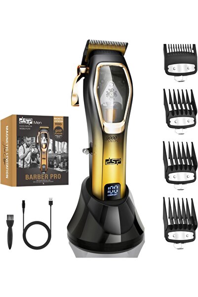 DSP مجموعة ماكينة حلاقة الشعر برو باربر - لاسلكية 9000 دورة في الدقيقة، شفرات سيراميك، 2500 مللي أمبير في الساعة (ذهبي)
