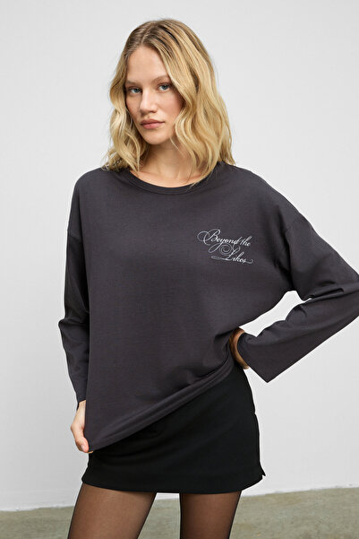 GRIMELANGE Dazulu Women's Soft Fabric Printed Long Sleeve Anthracite T-Shirt