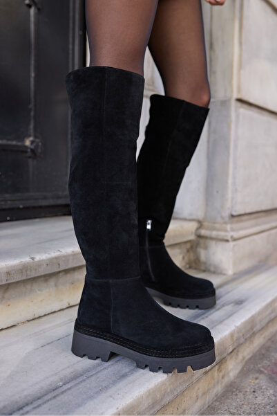 ANGELİNA JONES GİSELLE KADİN SİYAH GERCEK SUET DİZ USTU YANDAN FERMUARLİ ÇİZME