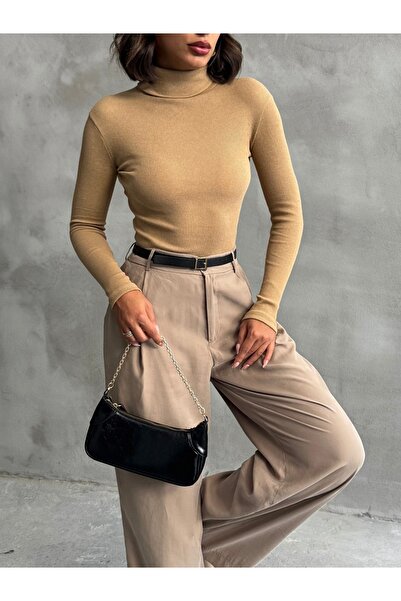 The Base Women's Beige Corded Fabric Turtleneck Blouse