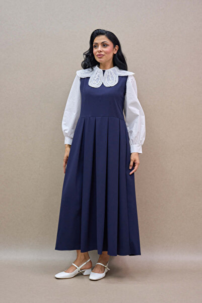 KÜÇÜĞÜM BUTİK Navy Blue Pleated Polyviscose Jile Dress and Girl's Dress Mother-Daughter Combination (Sold as Single)