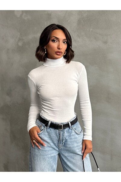The Base Women's White Corded Turtleneck Blouse