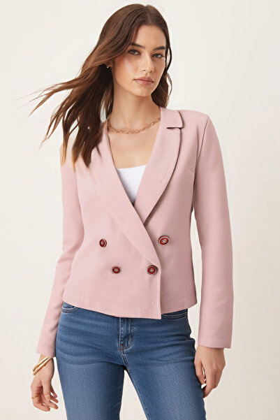 armonika Women's Light Beige Double-Breasted Collar Gabardine Crop Jacket Arm-24Y001010