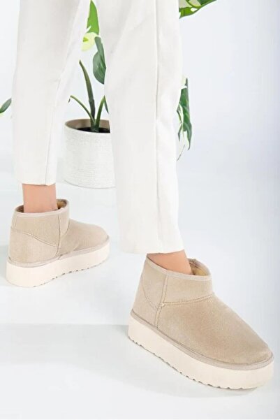 EM SHOESS Mini Bej Süet İçi Kürklü Kalın Taban Kadın Bot