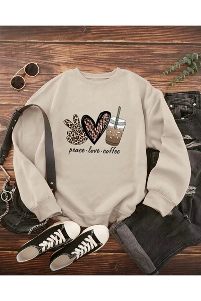FUFLUNS سويت شيرت بطبعة PEACE LOVE COFFEE كبير الحجم للجنسين للنساء/الرجال ذو...