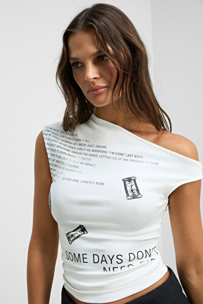 GRIMELANGE Yobira women's soft and flexible fabric asymmetric collar one shoulder open Printed white blouse