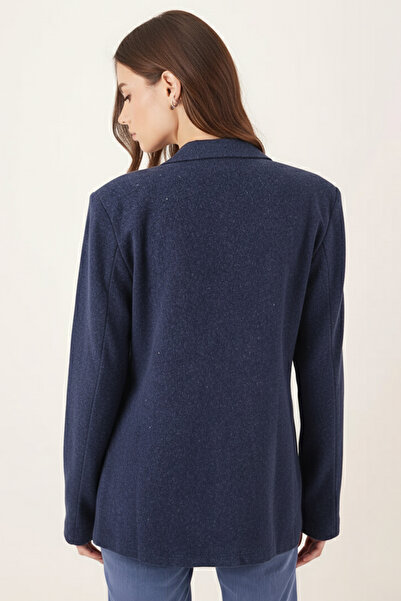 armonika Kadın Koyu Mavi Erkek Yaka Cep Kapaklı Vatkalı Oversize Kaşe Ceket ARM-26K001044