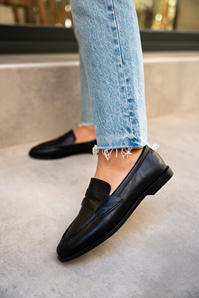 LAMİNTA Desna Black Leather Flat Sole Women's Shoes