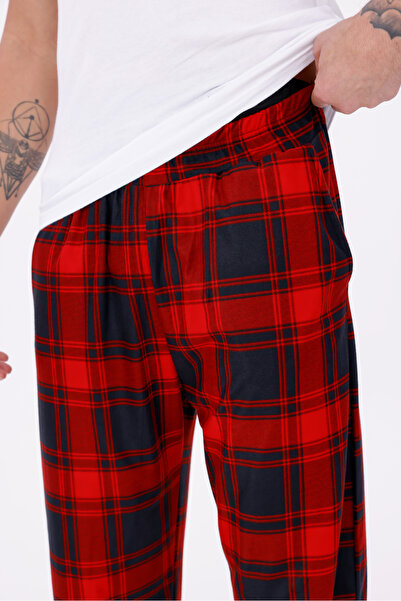 Arvin Pijama Cotton Velvety Soft Textured Pocket Plaid Printed Elastic Waist Winter Men's Pajama Bottoms