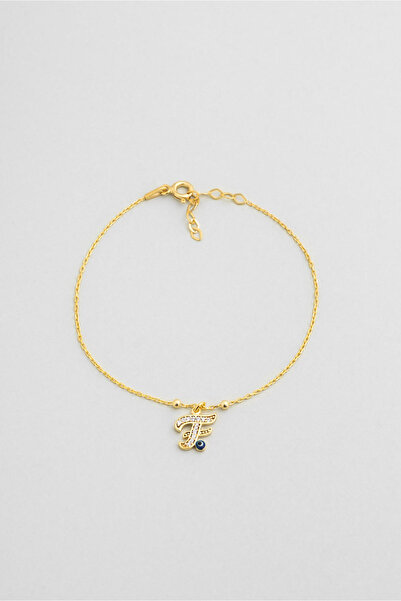 So CHIC... F Harfi 18 Ayar Sarı Altın Kaplama 19 Cm Gümüş Nazar Bileklik