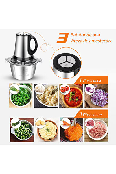 iTin Tocator Electric 3L,Multifuncțional cu 4 Lame din Inox, 2 Viteze și Bol din Otel Inoxidabil