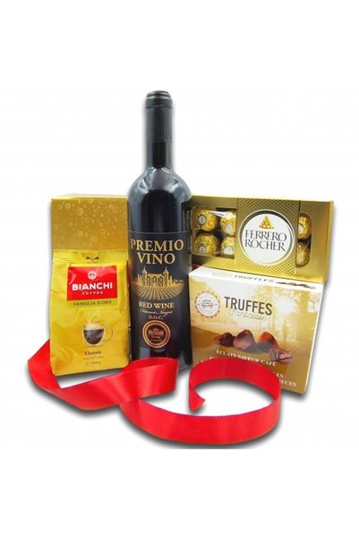 CADOURI PREMIUM Pachet cadou original, CADOURI PREMIUM®, model Premio Vino cu vin rosu Feteasca Neagra, cafea Bianchi, praline Ferrero si trufe de ciocolata