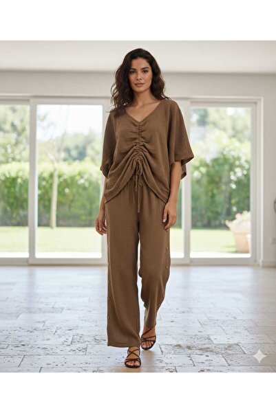 Punta Otantik Ay23766 Gathered Front Trousers Slit Muslin Set Brown