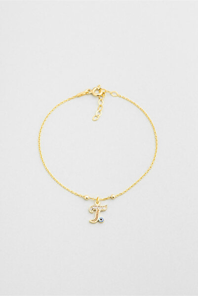 So CHIC... T Harfi 18 Ayar Sarı Altın Kaplama 19 Cm Gümüş Nazar Bileklik
