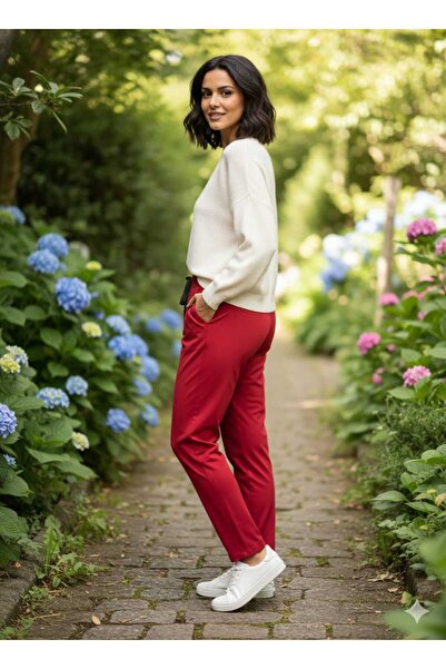 Punta Otantik Ay18005 Stretch Fabric Cotton Trousers Large Size Red