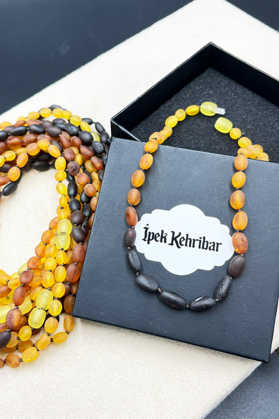 İpek Kehribar Matte Rainbow Color Amber Necklace, Amber Baby & Kids Tooth Necklace, Lithuania Certified Silk-522