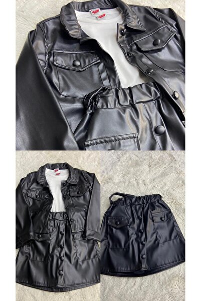 DİLARABUTİK Kız Çocuk Siyah Deri Görünümlü Ceket, Tişört ve Düğmeli Etek 3’lü Takım