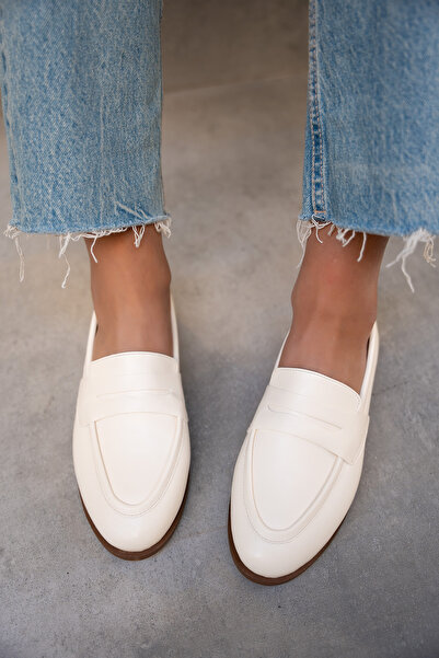 LAMİNTA Desna Ecru Leather Flat Sole Women's Shoes