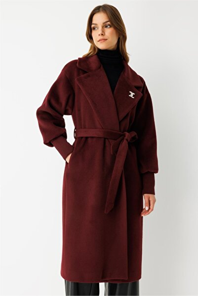 Esswaap Broş Detaylı Ribana Kollu Kaban Bordo