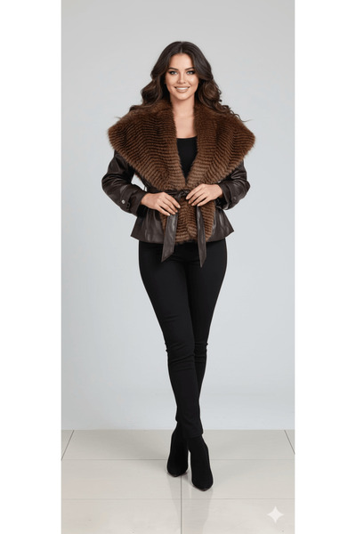 cemo Leather Coat with Fur Collar