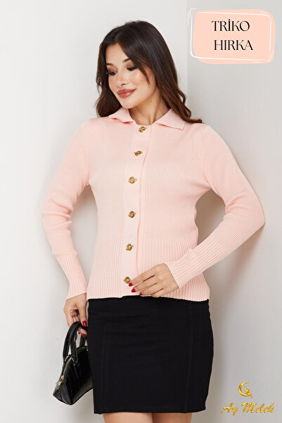 AYMELEK Women's Knitwear Polo Neck Short Corded Fabric Button Cardigan