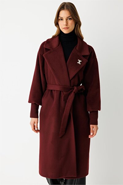 Esswaap Broş Detaylı Ribana Kollu Kaban Bordo