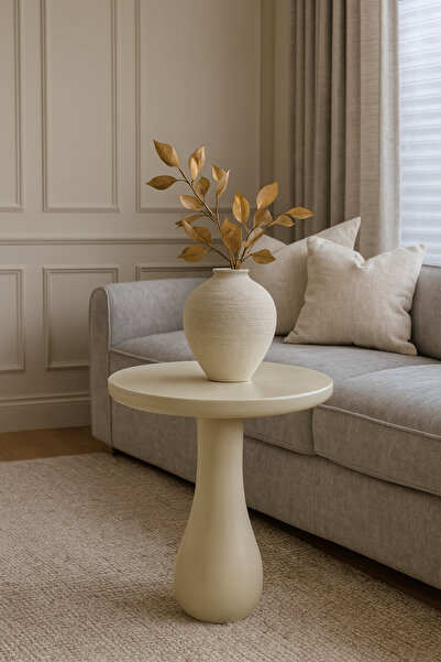 Simillo Home&Living Masif Ahşap Krem Renk Yan Sehpa – Zarif Tekli Mantar Sehp...