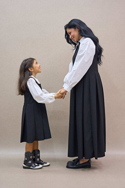 KÜÇÜĞÜM BUTİK Black Pleated Polyviscose Jile Dress and Girl's Dress Mother-Daughter Combination (Sold as Single)